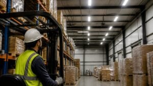 Warehouse worker beneath LED high-bay lighting
