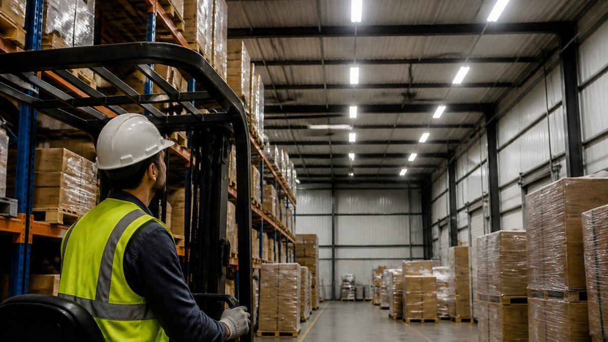 Warehouse worker beneath LED high-bay lighting