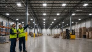 Warehouse lighting safety inspection under LED high-bay fixtures